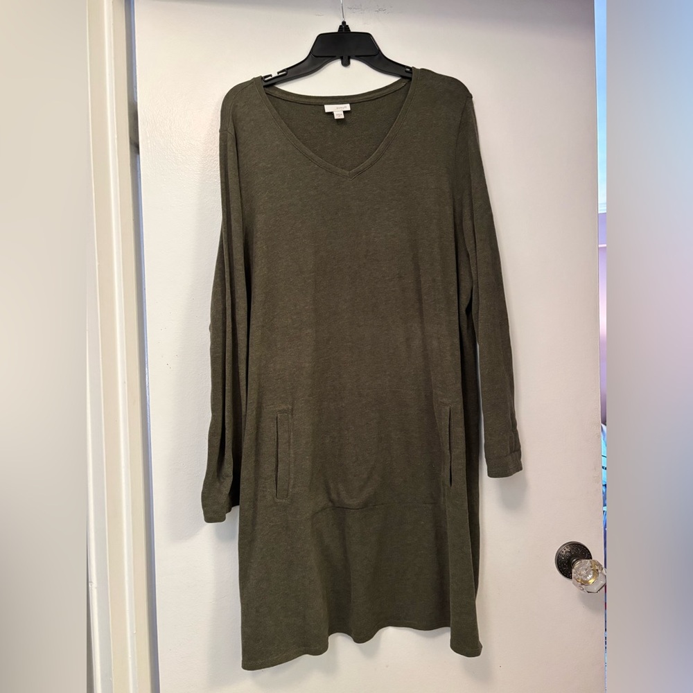 Pure Jill cotton Olive Green V-Neck Long Sleeve Dress w pockets soft boho XL